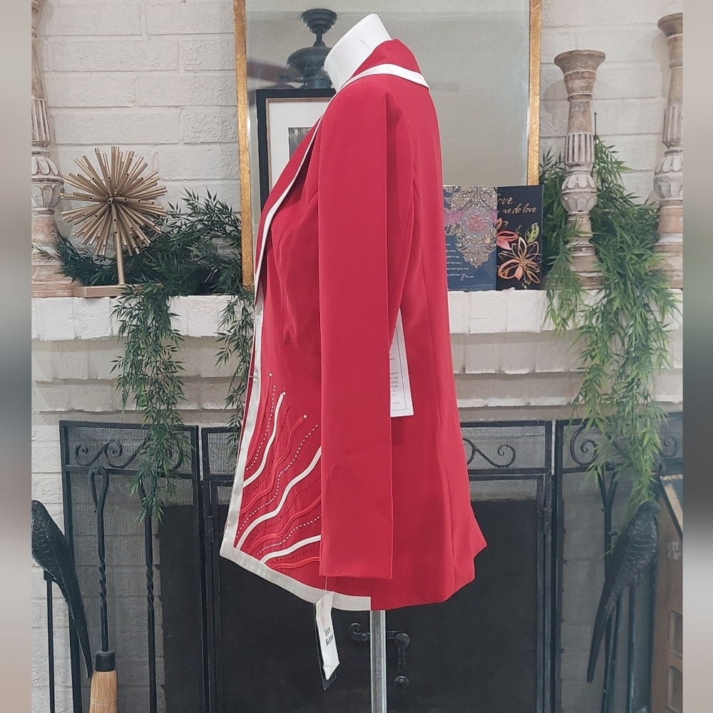 Elegant Red Blazer with White Trim & Rhinestone Detail Chic Statement Jacket NEW - Picture 8 of 12